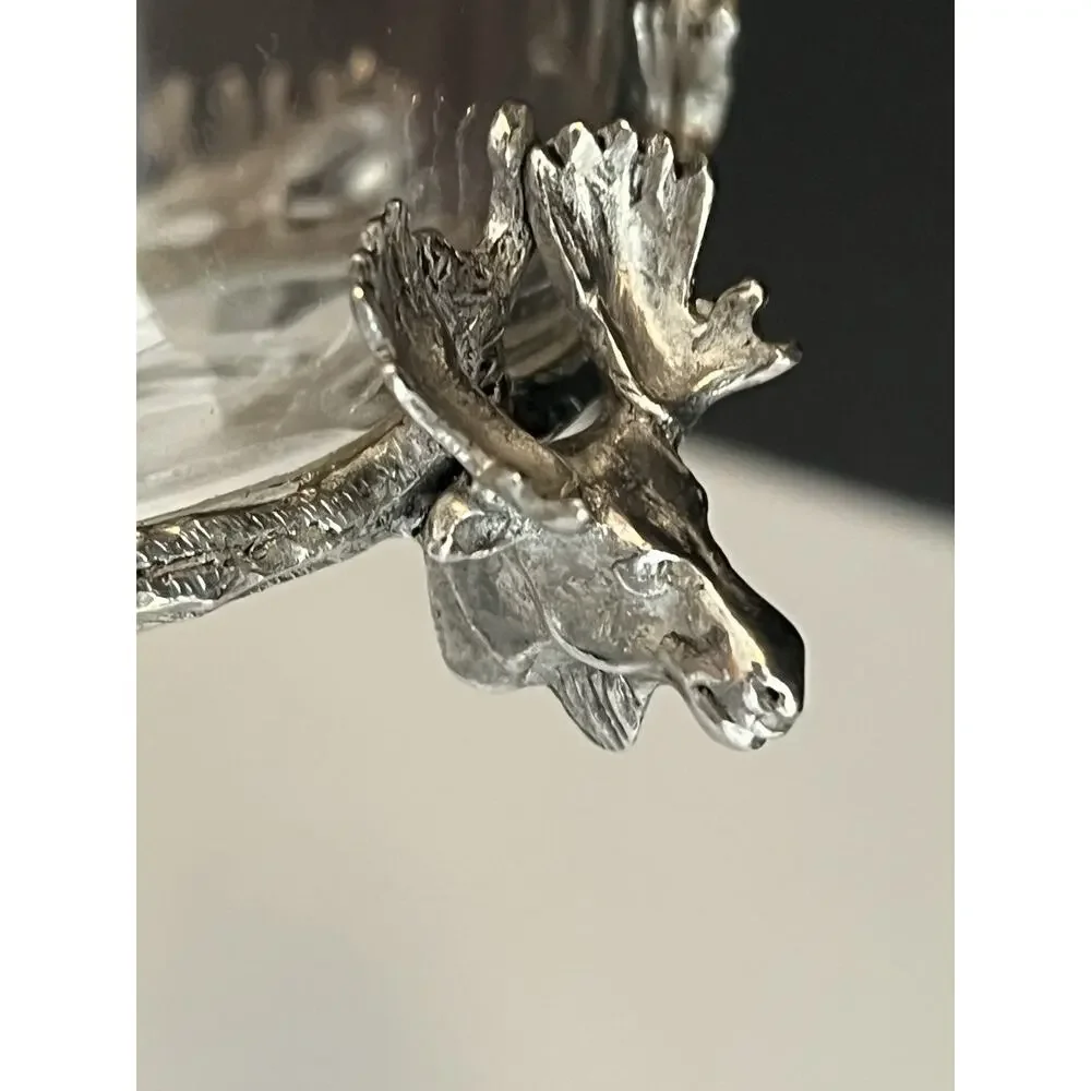 Stag Head Pewter Glass Bowl Cocktail Pick Holder & Picks 3pc Set Condiment Lodge
